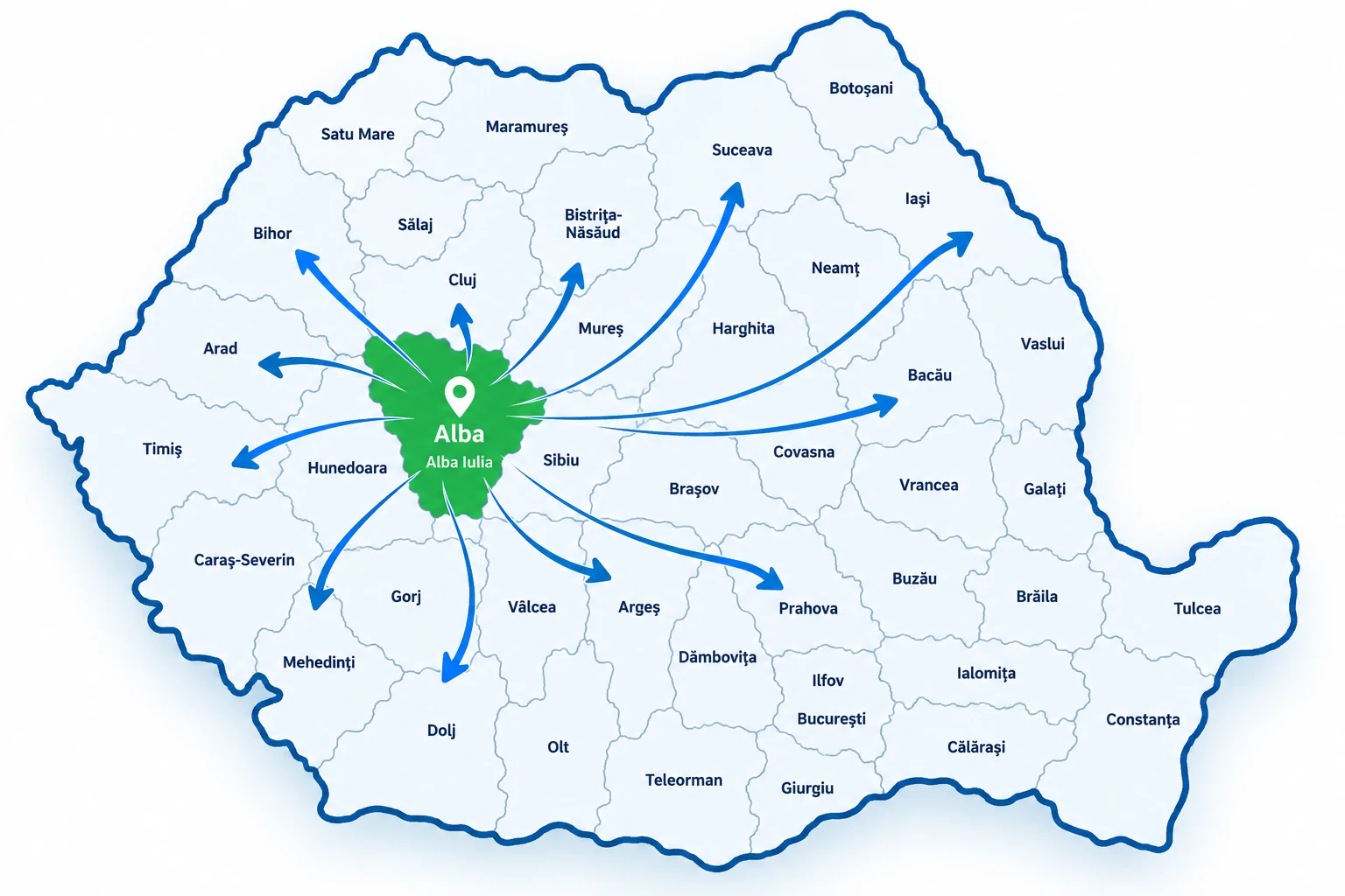 Harta României cu județul Alba evidențiat și acoperire națională Best Clean
